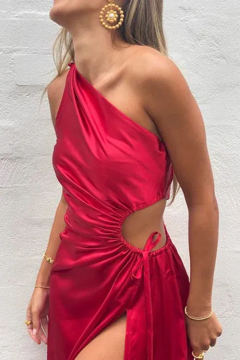 One Shoulder Satin A-Line Long Prom Dress with Slit Charming Evening Party Dress Wholesale