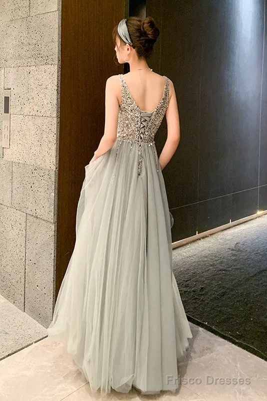 Shiny Beaded V Back Tulle Long Prom Dress , Charming Tulle Party Dresses