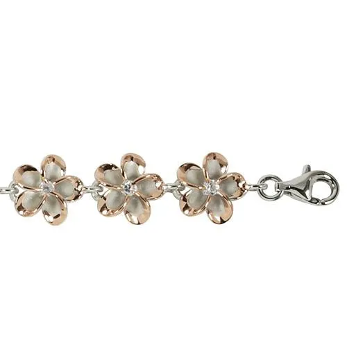 Sterling Silver Two-Tone Pink Gold and Rhodium Plated 10mm Plumeria with CZ Bracelet