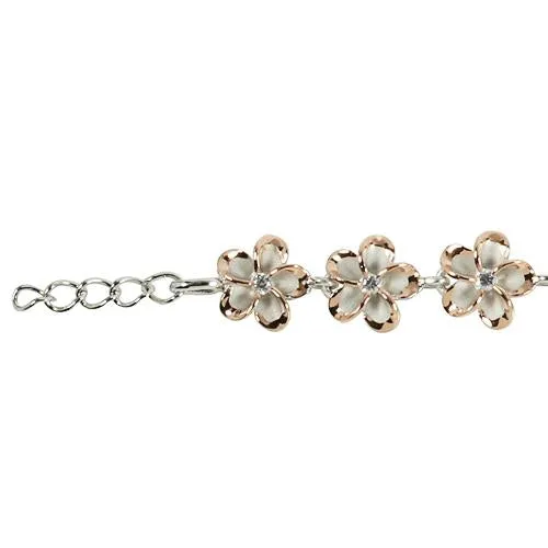Sterling Silver Two-Tone Pink Gold and Rhodium Plated 10mm Plumeria with CZ Bracelet