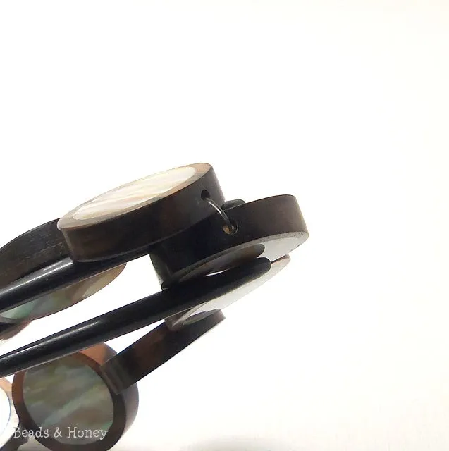 Tiger Ebony Wood Bead with Makabibi Shell Inlay Coin Flat 15mm (12pcs)