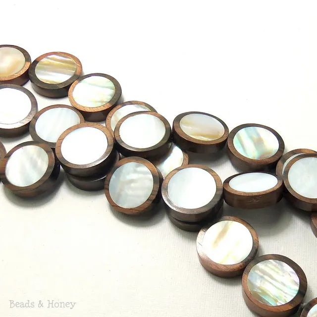 Tiger Ebony Wood Bead with Makabibi Shell Inlay Coin Flat 15mm (12pcs)