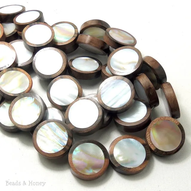 Tiger Ebony Wood Bead with Makabibi Shell Inlay Coin Flat 15mm (12pcs)