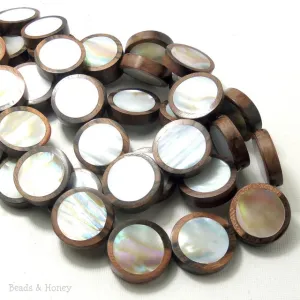 Tiger Ebony Wood Bead with Makabibi Shell Inlay Coin Flat 15mm (12pcs)