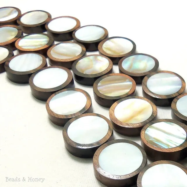 Tiger Ebony Wood Bead with Makabibi Shell Inlay Coin Flat 15mm (12pcs)