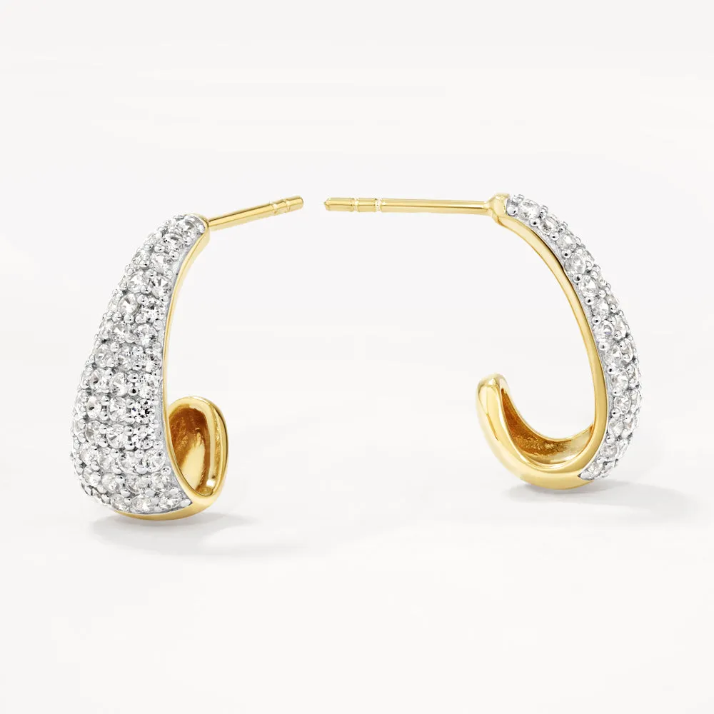 White Topaz Dome Hoop Stud Earrings in Gold