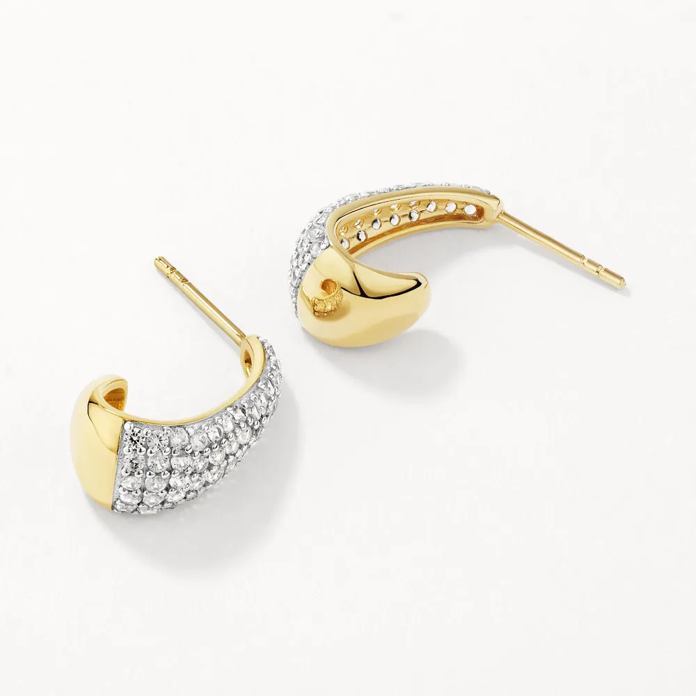 White Topaz Dome Hoop Stud Earrings in Gold